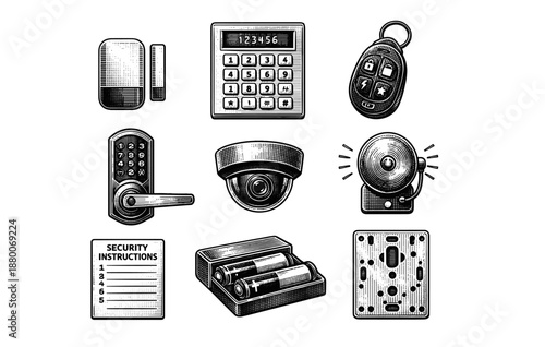 Vintage security devices illustration featuring alarms, cameras, keypads, locks, and sensors