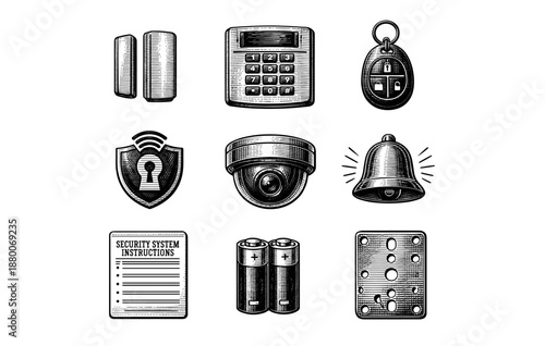 Vintage security system elements: cameras, alarms, remotes, batteries, instructions