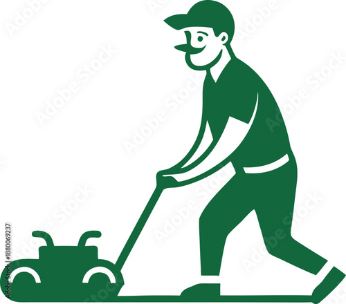 Flat vector scene of a man mowing lawn in green outdoor garden nature setting Vector illustration