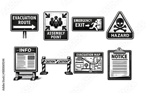 Evacuation and safety signs: route, exit, hazard, assembly, map, notice, caution, info