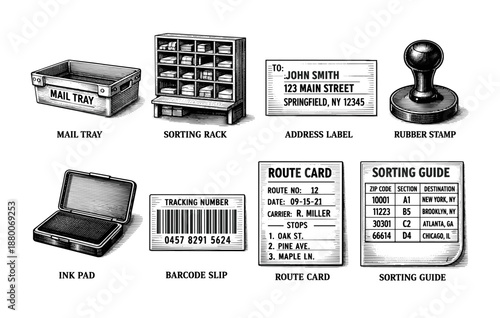 Vintage postal tools and labels illustration: mail tray, sorting rack, route card, and stamp