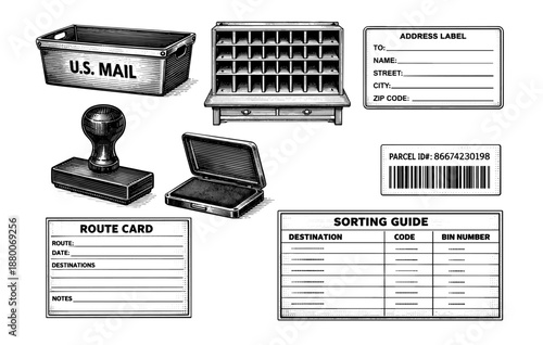Vintage mail sorting tools and equipment set