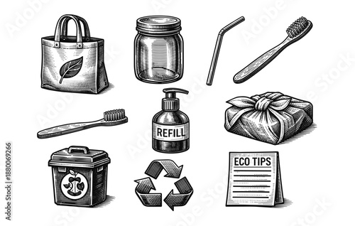 Eco-friendly items: reusable bags, containers, brushes, and sustainability icons