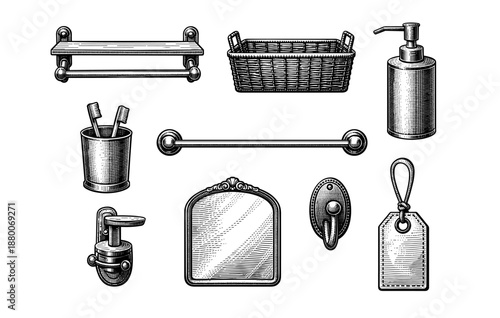 Vintage bathroom accessories set with shelf, basket, mirror, and soap dispenser