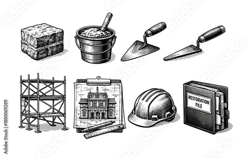 Vintage construction set: tools, plans, scaffolding, and restoration file