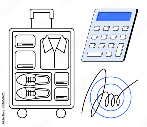 Travel planning, business trips, budgeting, organization, productivity, office essentials. Organized suitcase, calculator and digital-style signature. Travel planning and business trips concept