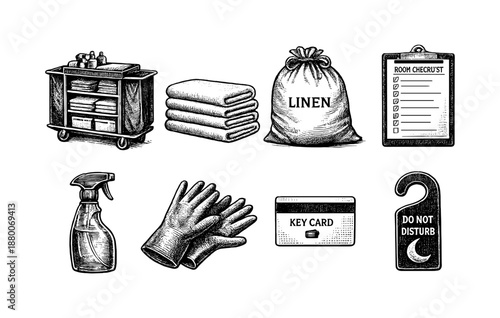 Vintage hotel items: linen, cleaning supplies, key card, do not disturb sign