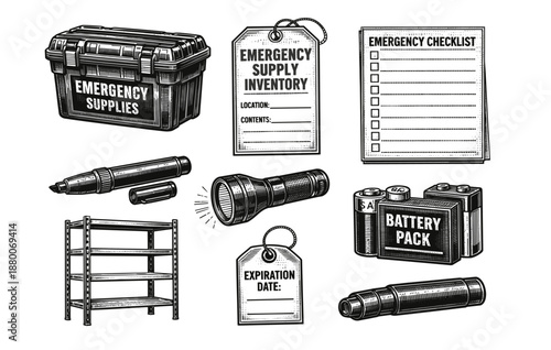 Emergency supply kit with inventory checklist and expiration date labels