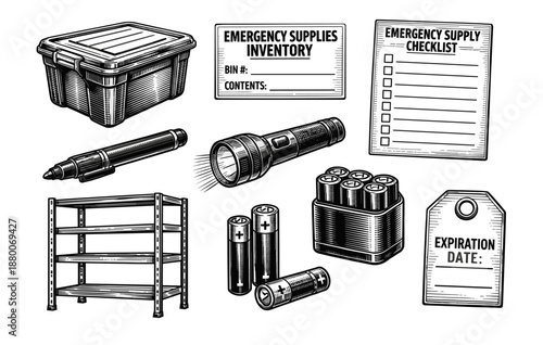 Emergency preparedness supplies: inventory, checklist, and storage solutions illustrated