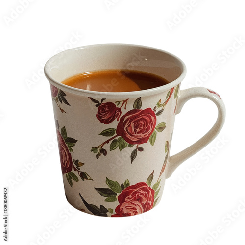 Floral Cup With Hot Beverage Sits on Table During Afternoon Break in Living Room