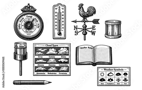 Vintage weather instruments and cloud types illustration