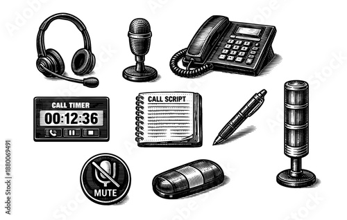 Vintage call center equipment illustration featuring headset, microphone, telephone, timer, call script, pen, mute icon