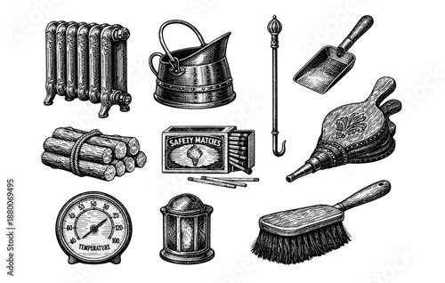 Vintage fireplace tools and accessories collection in detailed black and white engravings