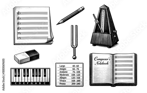 Vintage musical tools and composer's notebook with metronome and tuning fork