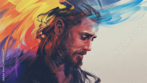man with long hair and beard looking down with colorful swirling hair  digital painting