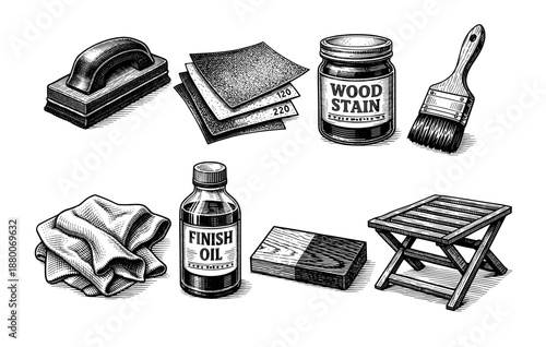 Woodworking tools and supplies: sandpaper, stain, brush, cloth, oil, and wooden stand