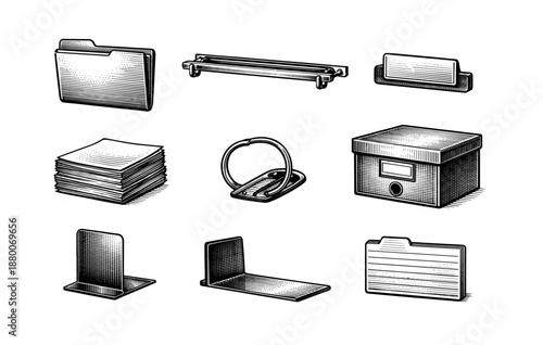 Vintage office supplies illustration: files, organizers, and storage solutions