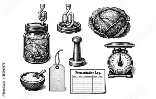 Homemade sauerkraut ingredients and tools with fermentation log