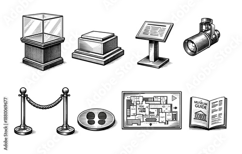 Hand-drawn museum items: display cases, signage, lighting, and floor plan