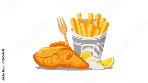 Delicious plate of fried fish and golden fries served with lemon wedges and a wooden fork on a clean surface
