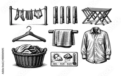 Vintage laundry elements: clothesline, hanger, basket, ironing board, pegs, weather gauge, shirt