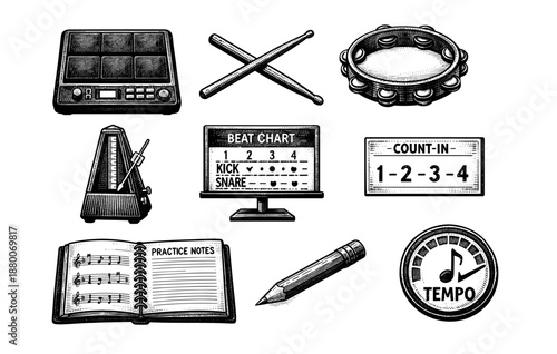 Musical instruments and tools in vintage style sketch