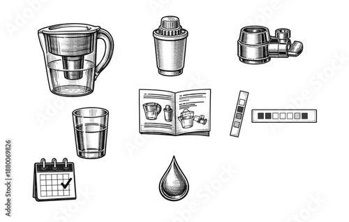 Hand-drawn water filtration set with filter, jug, and test strip