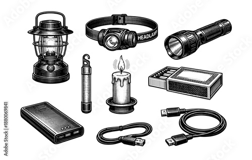 Collection of camping gear with lantern, headlamp, flashlight, candle, matches, power bank, usb cables