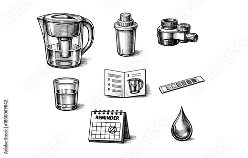 Hand-drawn water filtration set with pitcher, filters, and guide