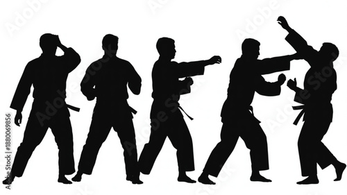 Martial Arts Silhouettes Fighting on White Background