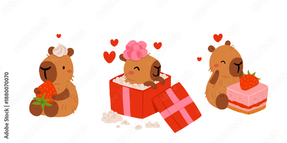 Naklejka premium A set of flat vector illustrations in a simple children's style on the theme of valentine's day. Cute capybaras with hearts and wings on white background, captions