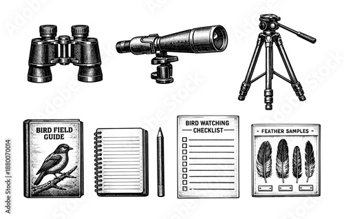 Birdwatching essentials: binoculars, telescope, tripod, field guide, checklist, feather samples