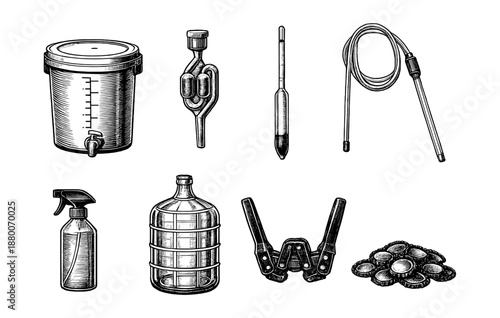 Vintage homebrew equipment set: fermenter, hydrometer, airlock, carboy, capper, siphon, bottle caps