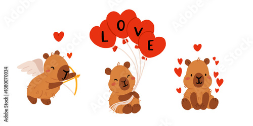 A set of flat vector illustrations in a simple children's style on the theme of valentine's day. Cute capybaras with hearts and wings on white background, captions