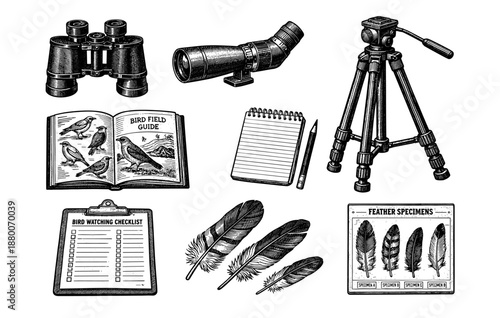 Birdwatching essentials: guide, binoculars, spotting scope, tripod, notebook, checklist, feathers