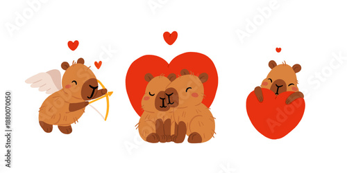A set of flat vector illustrations in a simple children's style on the theme of valentine's day. Cute capybaras with hearts and wings on white background, captions