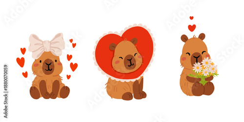 A set of flat vector illustrations in a simple children's style on the theme of valentine's day. Cute capybaras with hearts and wings on white background, captions