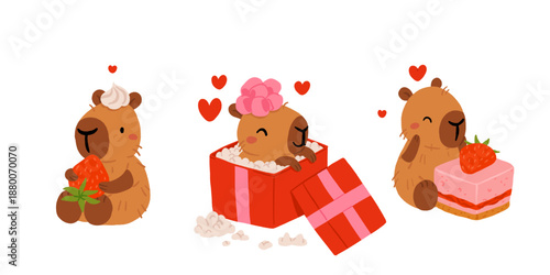 A set of flat vector illustrations in a simple children's style on the theme of valentine's day. Cute capybaras with hearts and wings on white background, captions