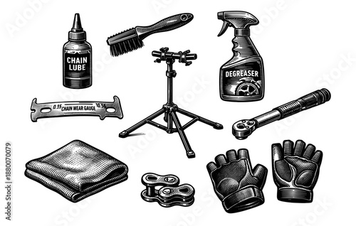Bicycle maintenance tools: chain lube, degreaser, gloves, and more