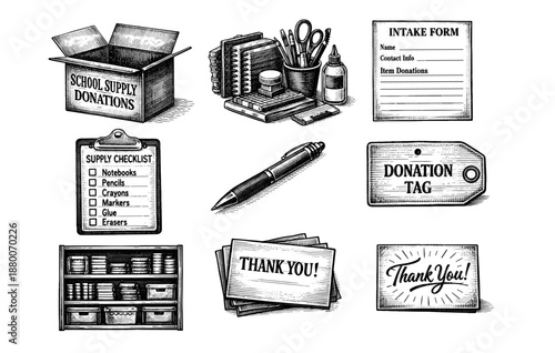 School supply donations: box, checklist, forms, and tags in vintage style