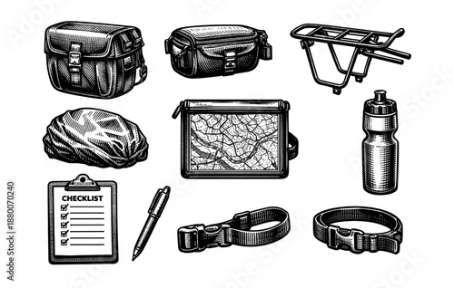 Vintage bicycle touring gear: saddle bags, map holder, and accessories set