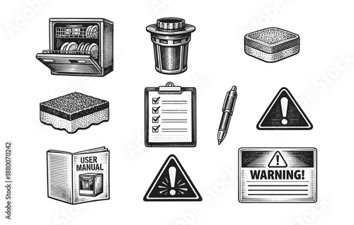 Vintage kitchen appliance icons with checklists and warning signs in black and white