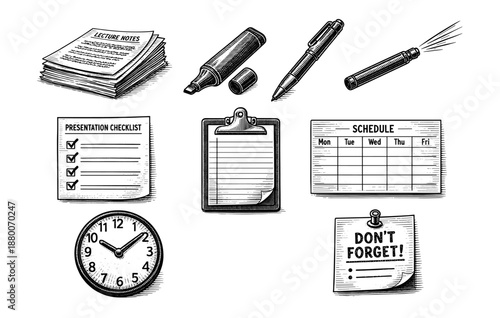 Vintage office supplies and organizational tools in black and white illustration