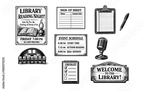 Library reading night event elements: schedule, sign-up, and welcome sign graphics