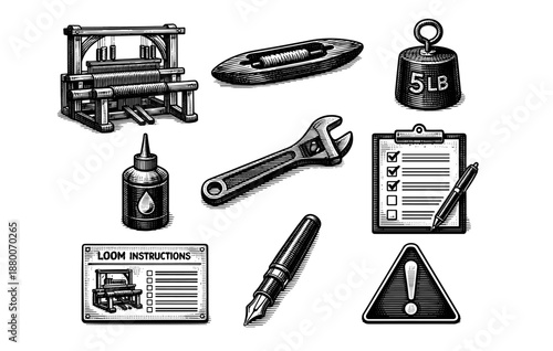 Collection of engraved vintage tools and instructions with loom and checklist