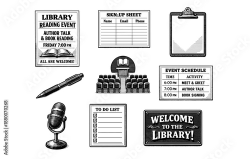 Library reading event materials: posters, schedules, and sign-up sheets