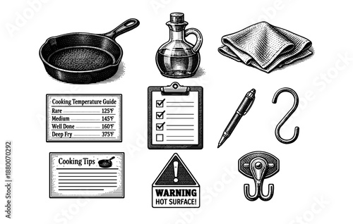 Vintage kitchen tools and accessories set with cast iron, olive oil, and cooking tips