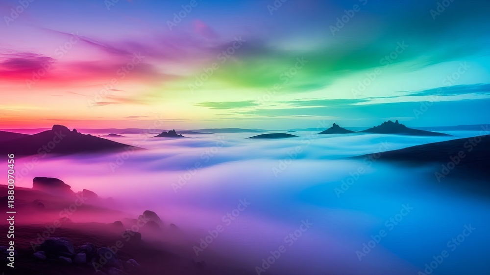 Fototapeta premium Magical rainbow sky illuminates misty mountain landscape at dawn