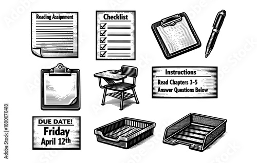 Vintage school assignment set with clipboard, checklist, desk, and tray illustrations