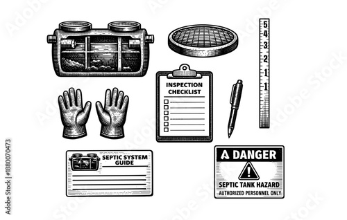 Septic system tools and safety signs with protective equipment